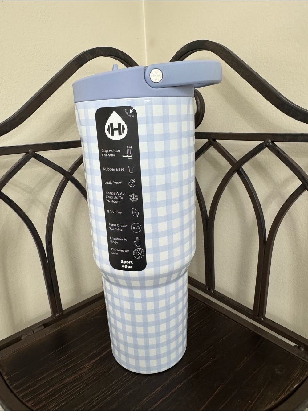 NWT HydroJug cloud Nine 40oz Sport Light Blue Gingham Insulated Tumbler